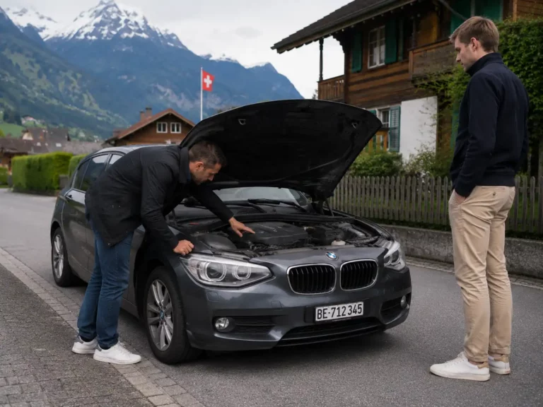 une personne inspectant le moteur d'une voiture d'occasion avant de l'acheter en suisse