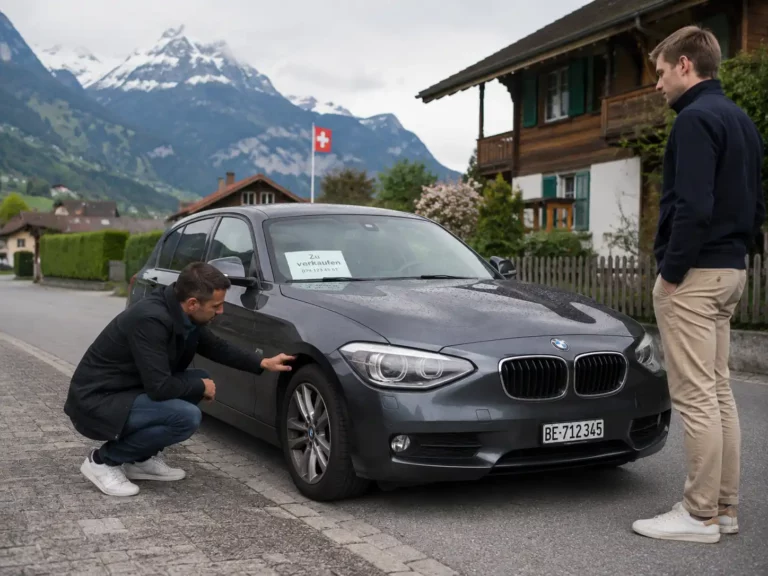 une personne inspectant une voiture d'occasion avant de l'acheter en suisse